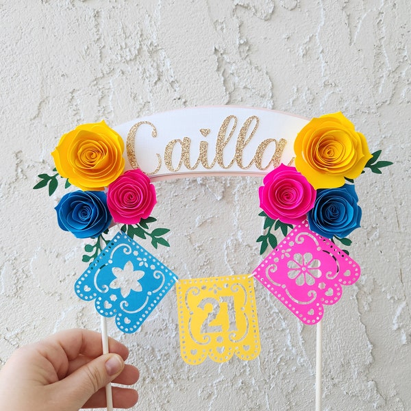 Personalized Fiesta Cake Topper, Custom Flower & Papel Picado Birthday Decor