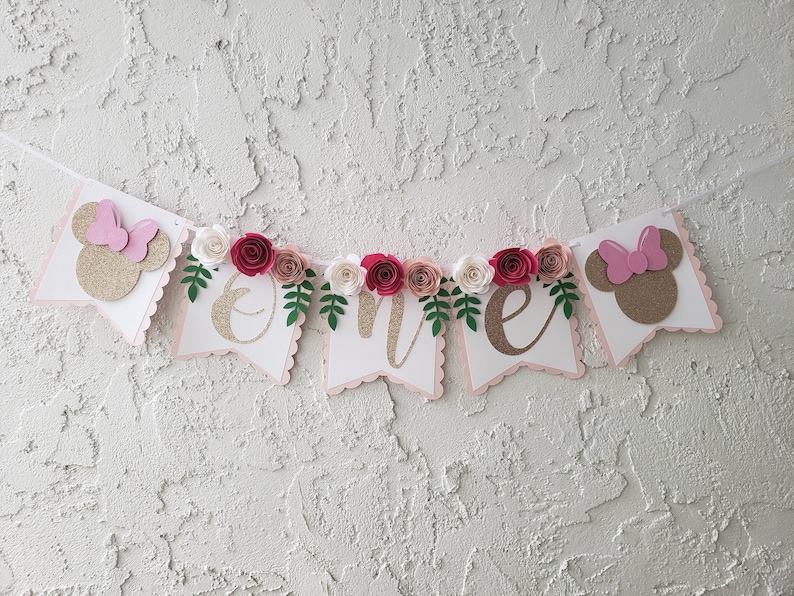 Floral Minnie Mouse Highchair Banner, Glitter Party Decor image 1