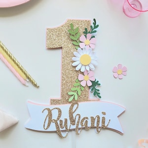 One year old cake topper, Floral cake topper, number 1 cake topper, one cake topper, glitter cake topper, cake smash cake topper