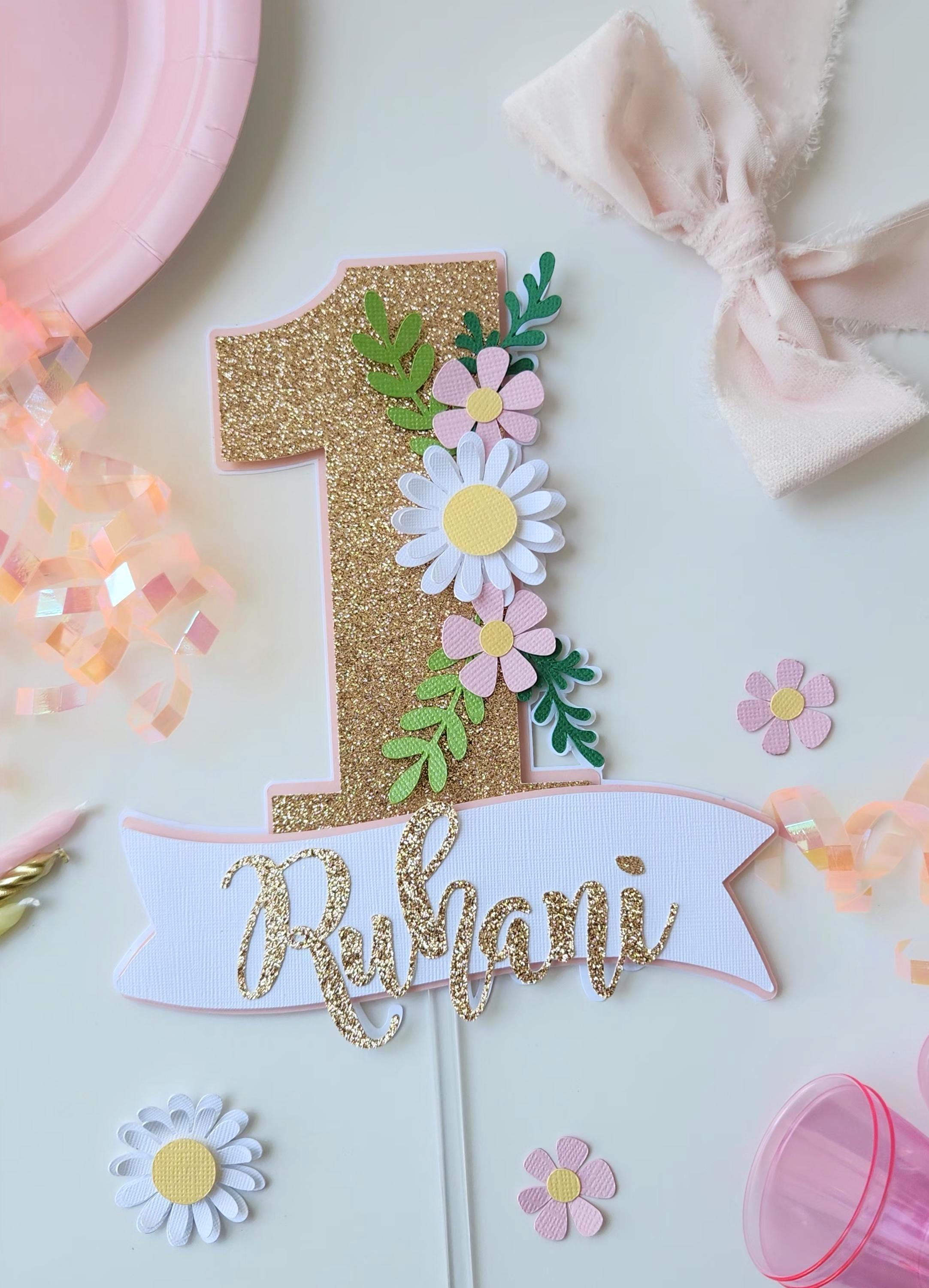 Floral First Birthday Cake Topper, Glitter Number One. - Etsy