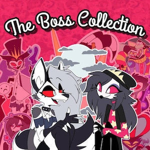Puede incluir: Una ilustración digital con dos personajes de dibujos animados, un personaje parecido a un lobo con pelaje gris y ojos rojos y un personaje con cabello negro largo y ojos rojos, ambos vestidos de negro. El texto "The Boss Collection" está en la parte superior de la imagen.