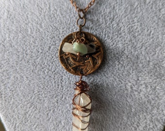 Copper wire-wrapped quartz necklace