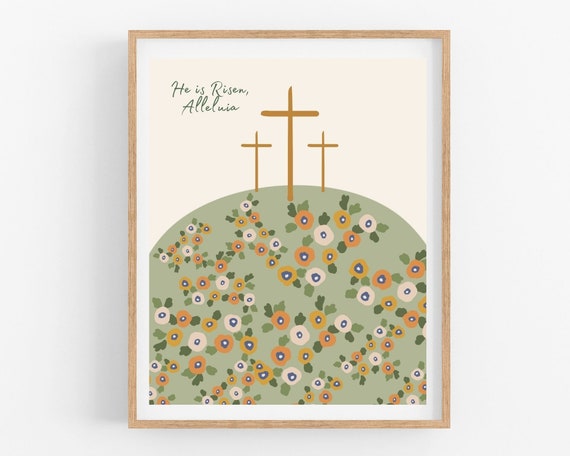 He is Risen Easter Print: Boho Floral Cross Art (Digital Download)