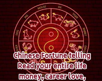 Könnte beinhalten: Ein Neonschild mit rotem Hintergrund zeigt ein chinesisches Tierkreisrad mit Tiersymbolen und dem Yin-und-Yang-Symbol. Der Text lautet "Chinese Fortune telling, Read your entire life, money, career love, marriage, children."