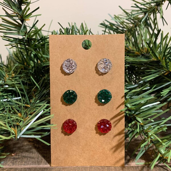 Christmas Holiday Red, Green, and White Druzy Stud Earrings
