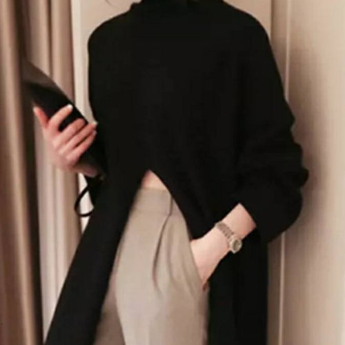 Sweater dress /high neck split dress/ turtleneck sweater dress / minimal long loose fit dress /knit dress/classic slit sweater maxi dress/