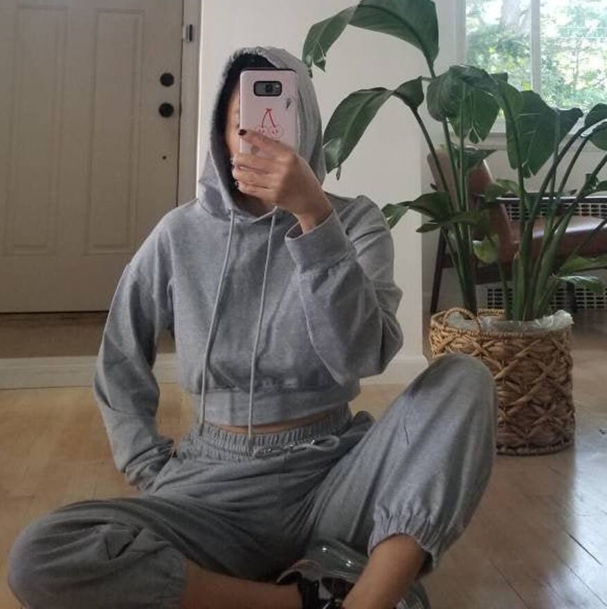 Crop Hoodie With Jogger Set Lounge Wear 