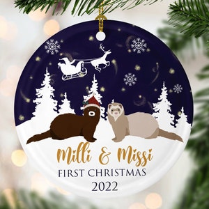 May include: A round Christmas ornament featuring two ferrets, Milli and Missi, in a winter scene with Santa's sleigh. The ornament has a dark blue background with snowflakes and text that reads "First Christmas 2022".
