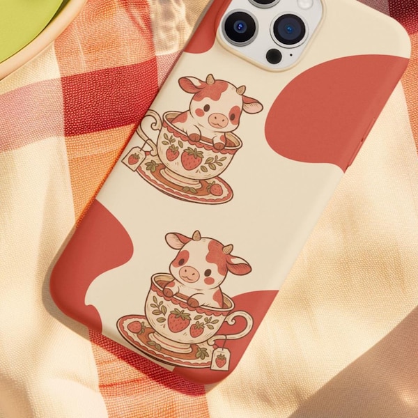 Bonita funda de teléfono con diseño de vaca, funda para iPhone estilo granja, accesorio decorativo con diseño de vaca y fresa, regalo para amantes de los animales, tecnología estética adorable
