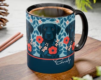 Personalized Black Lab  Lover's Coffee Mug, Retriever Owner Gift, Floral Design Cup, Custom Name Mug, Dog Art Beverage Holder