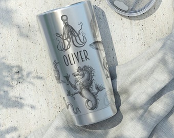 Custom Viking tumbler, Geek steampunk, Sea dragon, kelpie, viking ship, captain mug, tumbler waterslide, Personalized Fishing