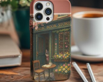 Etui na telefon Magic Book Store, przytulny, estetyczny dodatek, prezent dla miłośników książek, urocze etui na telefon, etui z kwiatowym wzorem