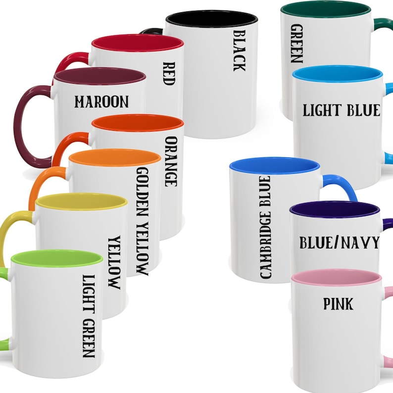 May include: A collection of white ceramic mugs with various interior and handle colors, including red, maroon, orange, yellow, green, light blue, Cambridge blue, blue/navy, pink, and black. Each mug has a different color label.