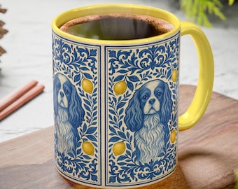 Cavalier King Charles Spaniel, Blue and White Mediterranean Tiles,