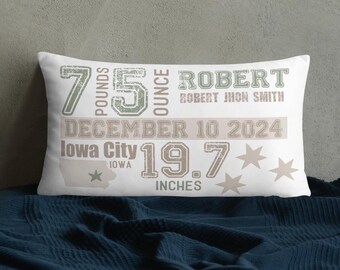 Custom Green Boy Birth Announcement Pillow, Boy Birth Stats Pillow, New Baby Boy Gift Personalized Baby Boy Pillow