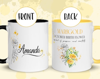 Custom October Birthday mug, Personalized Birth Flower gift, Marigold Birth Flower, October Birth Month Gift
