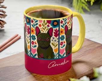 Floral French Bulldog Coffee Mug, French Bulldog Pop Art, Retro Frenchie mom gift, Custom French bulldog spring mug