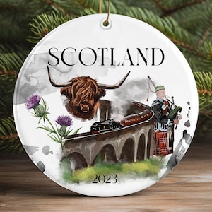 Custom Scotland christmas ornament , Edinburgh gift, Highland Cattle, Scotland,England vacation gift, Personalized Holiday gift