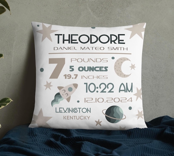 Personalized Birth Announcement Pillow, Boy Birth Stats Pillow