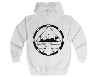 May include: White hoodie with a black circle design featuring a casino chip, a spade, and the text "Sin City Planners".