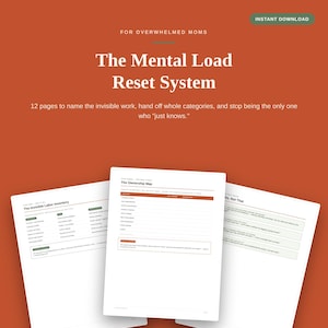 Op de afbeelding: Een digitaal document getiteld The Mental Load Reset System for Overwhelmed Moms, met 12 pagina's om onzichtbaar werk te benoemen. De lay-out bevat drie witte pagina's met tekst, waaronder The Invisible Labor Inventory en The Ownership Map.