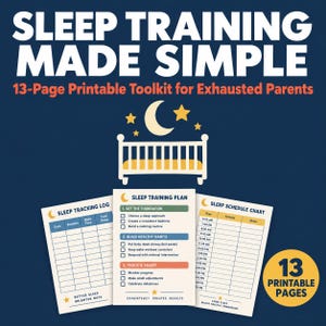 Può includere: Un kit stampabile di 13 pagine per l'allenamento al sonno su sfondo blu scuro con il testo SLEEP TRAINING MADE SIMPLE e 13-PAGE PRINTABLE TOOLKIT FOR EXHAUSTED PARENTS. Include un'icona di una culla e tre modelli di documenti.
