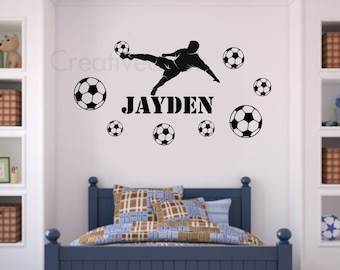 Personalisierter Fußballspieler Jungen / Mädchen Schlafzimmer Wandaufkleber Personalisierte Fußball-Wand-Kunst-Dekor