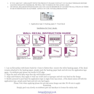 May include: Wall decal installation instructions with eight illustrated steps. The instructions include cleaning the surface, planning the decal placement, cutting the decal, applying the decal, and removing the transfer film. The text reads "Wall Decal Instruction Guide".