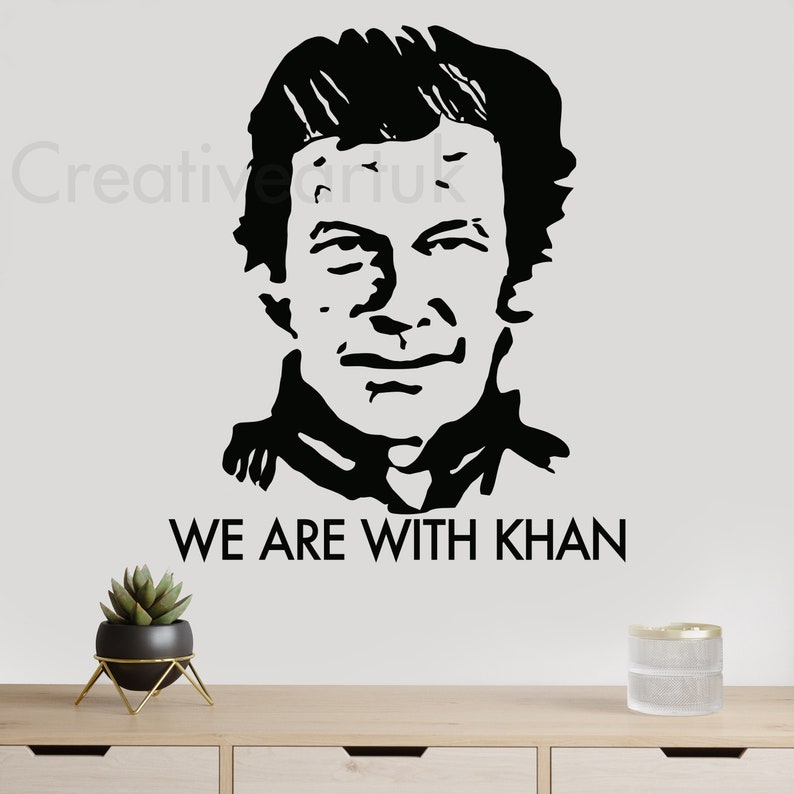 May include: Black and white silhouette of a man's face with the text "WE ARE WITH KHAN" below. The image is on a white background.