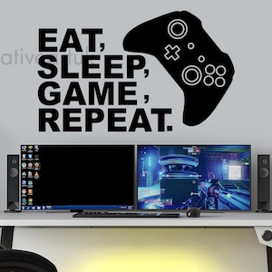 Eat Sleep Game Wall Decal: Gamer Room Vinyl Art Sticker