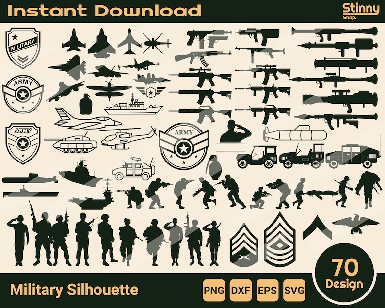 May include: A digital download graphic set featuring 70 military silhouette designs. Includes various weapons, aircraft, vehicles, soldiers, and military insignia. The text "Instant Download" and "Military Silhouette" are also present.