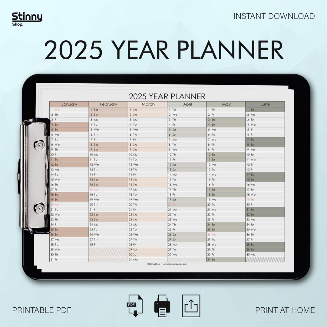 2025 Year Calendar Printable, 2025 Year Planner Printable, Wall Planner