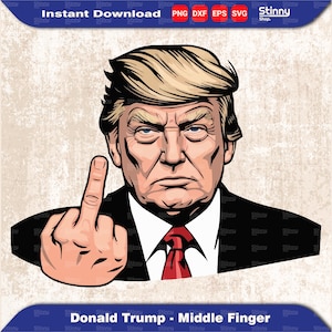 Può includere: Un'illustrazione di fumetti di Donald Trump che fa il dito medio. L'immagine è in stile fumetto con uno schema di colori rosso, bianco e blu.