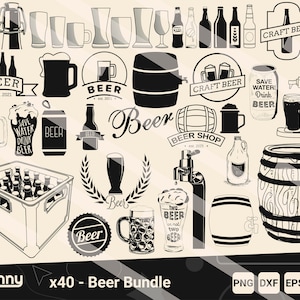 Könnte beinhalten: Schwarz-Weiß-Illustration mit Bier-Motiven. Das Bild zeigt verschiedene Biergläser, Flaschen, Krüge, Fässer und einen Kasten mit Bierflaschen. Text enthält "Beer", "Craft Beer". Das Bild ist mit "x40 - Beer Bundle" beschriftet.