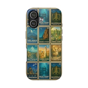 Sarah J. Maas ファンタジースタンプ スマホケース、ACOTAR、ガラスの玉座、クレセントシティのランドマークアート | ヴィンテージトラベルポスター モザイク保護カバー