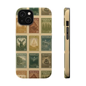 May include: A phone case with a vintage stamp design. The stamps feature illustrations of landscapes, including a deer, castle, forest, and ship. The case is tan with a black camera and button area.