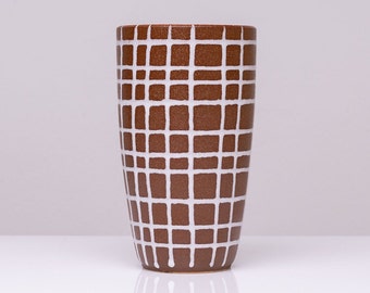 vintage vase lattice glaze brown white lines handmade 60s Mid Century PF0673