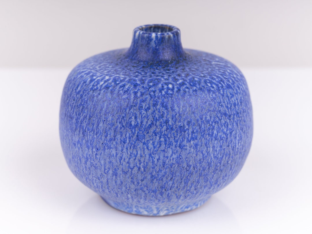 Vintage Vase Studio Ceramics Blue White Structured Mid Century Handmade