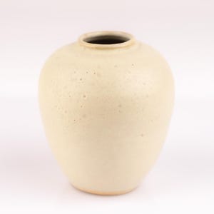 Può includere: Un vaso in ceramica color crema con corpo arrotondato e apertura leggermente svasata. Il vaso ha una superficie testurizzata con piccole protuberanze irregolari.
