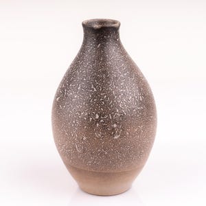 May include: A small, speckled brown ceramic vase with a rounded body and a narrow neck.