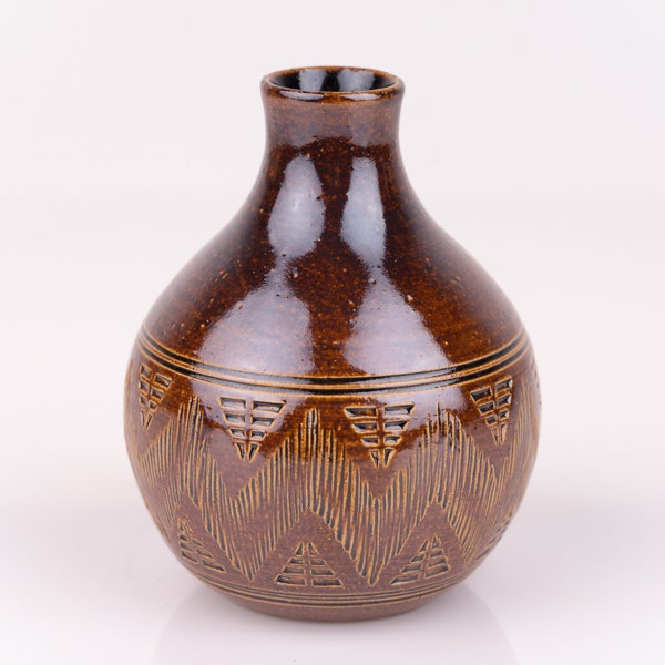 Vintage Studiokeramik Vase ausgekerbtes Muster Glanz Braun Mid Century Design 50er PF1815