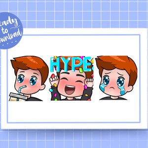 Emotes Twitch | Menino masculino Chibi emote cabelo ruivo/cor de olhos personalizada | Exagero | Triste | Sorvete | Pacote de Emotes | COR DOS OLHOS PERSONALIZADA