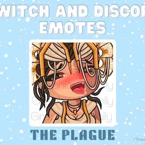 May include: A digital illustration of a cartoon character with a crown and a blush on their cheeks. The character is wearing a white dress and has brown hair. The text "The Plague" is below the character.