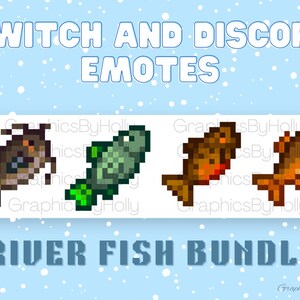 May include: A set of four pixel art fish emotes for Twitch and Discord. The emotes are a catfish, a green fish, a brown fish, and an orange fish. The emotes are part of a "River Fish Bundle".