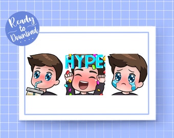 Twitch Emotes | Male Boy Chibi Emotes/Brown Hair | Hype | Sad | Slurp | Emote Pack | CUSTOM EYE COLOUR