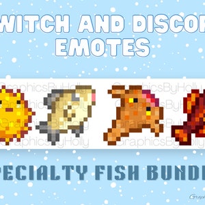 Op de afbeelding: Een set van vier pixel art vis-emojis voor Twitch en Discord. De emojis bevatten een kogelvis, een meerval, een rog en een rode vis. De emojis maken deel uit van een "Speciale Vis Bundel".