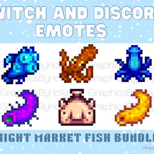 May include: A set of six pixel art fish emotes for Twitch and Discord. The emotes are in a blue, purple, orange, yellow, and pink color scheme. The emotes are labeled "Night Market Fish Bundle".
