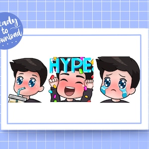 Twitch Emotes / Male Boy Chibi Emotes / Black Hair / Hype / Sad / Slurp / Emote Pack / CUSTOM EYE COLOUR