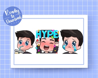 Twitch Emotes | Male Boy Chibi Emotes/Black Hair | Hype | Sad | Slurp | Emote Pack | CUSTOM EYE COLOUR