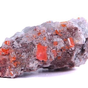 May include: A rough-hewn mineral specimen featuring a matrix of gray and brown rock. Embedded within are vibrant, rectangular, orange-red crystals. The overall texture is coarse and irregular, with a mix of colors and shapes.